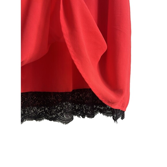 Festive Red Sheath Dress with Black Lace Trim Cross Back Flutter Sleeve Chiffon - Picture 4 of 6